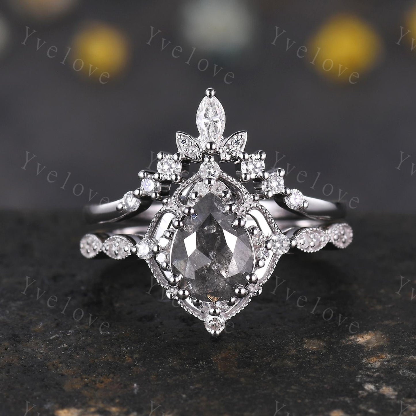 Vintage Salt and Pepper Diamond Engagement Ring,Teardrop Diamond Ring Set,14K White Ring,Unique Women Promise Ring For Her,Handmade Gift