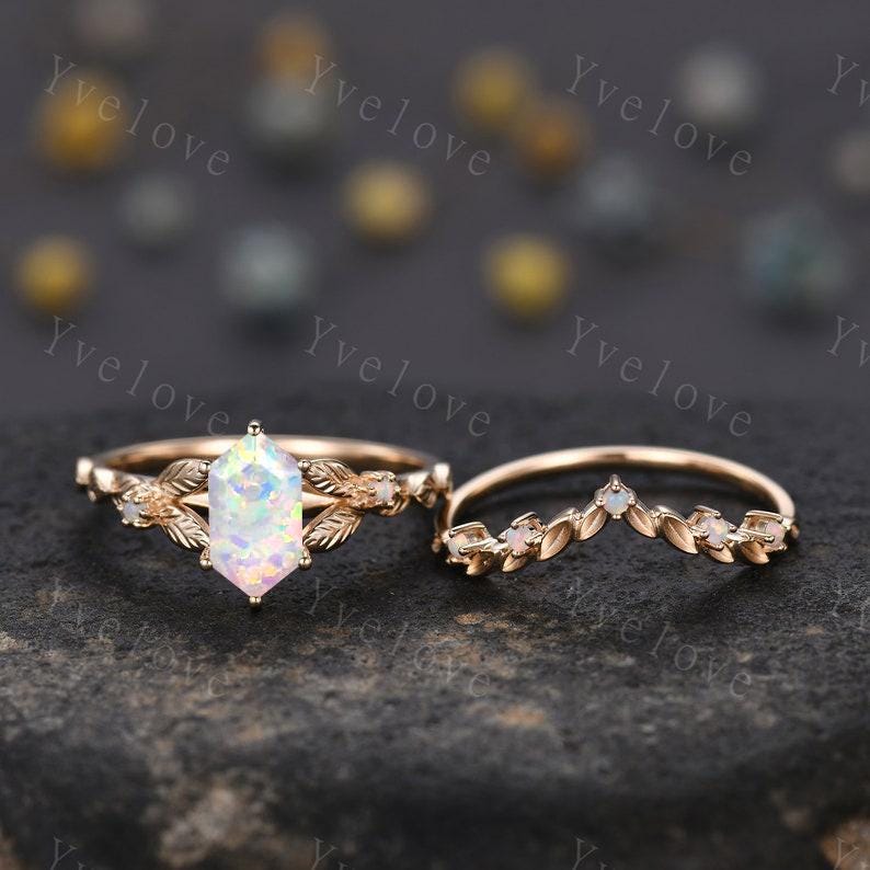 Vintage Hexagon White Opal Engagement Ring 14k Solid Gold Ring Cluster Leaf Opal Wedding Band Matching Stacking Ring Promise Gift Bridal Set