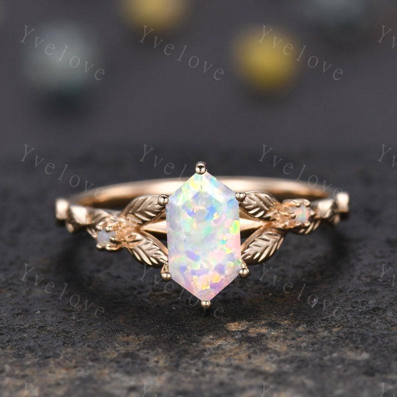 Vintage Hexagon White Opal Engagement Ring 14k Solid Gold Ring Cluster Leaf Opal Wedding Band Matching Stacking Ring Promise Gift Bridal Set