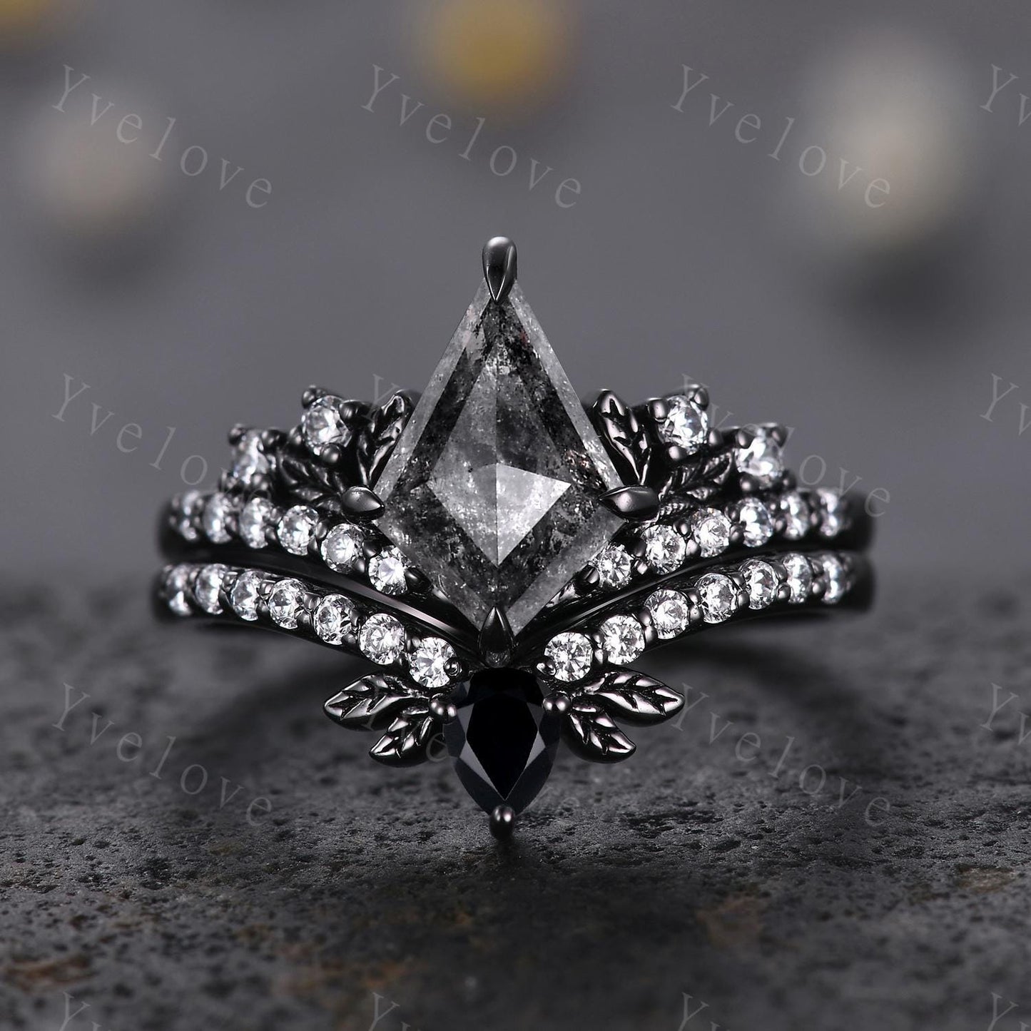 Retro Kite Salt Pepper Diamond Engagement Ring Set,Gothic Leaf Nature Inspired Black Gold Ring,Black Gem Diamond Bridal Ring Women Gift