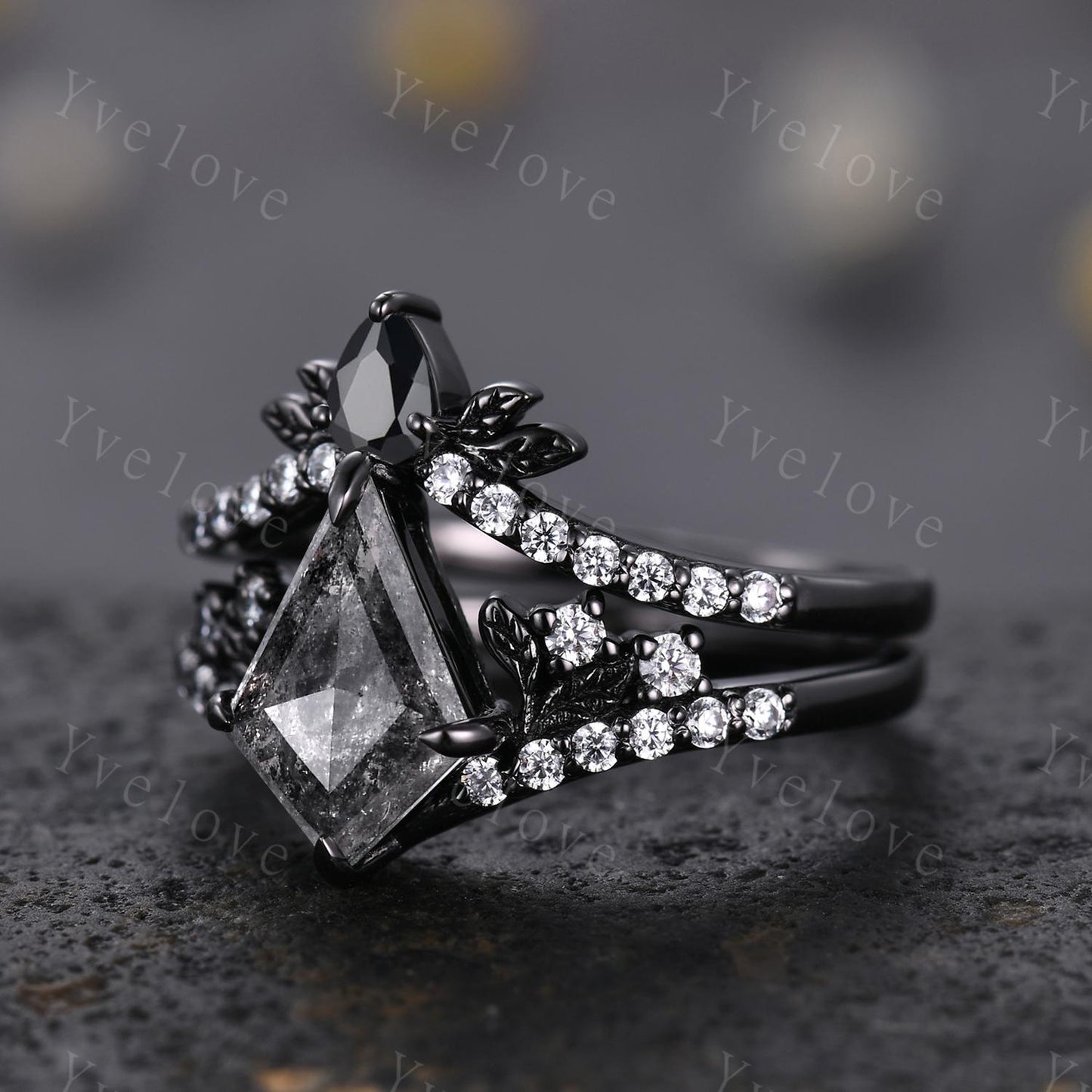 Retro Kite Salt Pepper Diamond Engagement Ring Set,Gothic Leaf Nature Inspired Black Gold Ring,Black Gem Diamond Bridal Ring Women Gift