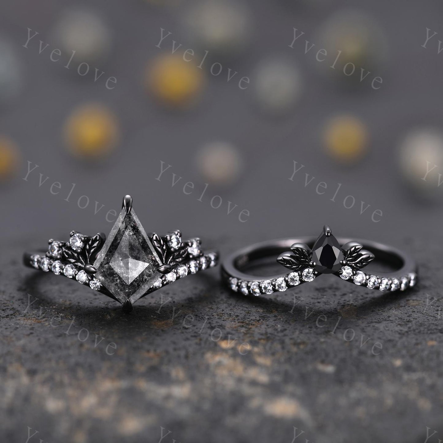 Retro Kite Salt Pepper Diamond Engagement Ring Set,Gothic Leaf Nature Inspired Black Gold Ring,Black Gem Diamond Bridal Ring Women Gift