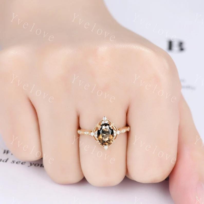 Vintage Smoky Quartz Engagement Ring Set,Oval Brown Quartz Ring,14K Solid Gold Ring,Unique Women Moissanite Promise Ring For Her,Handmade