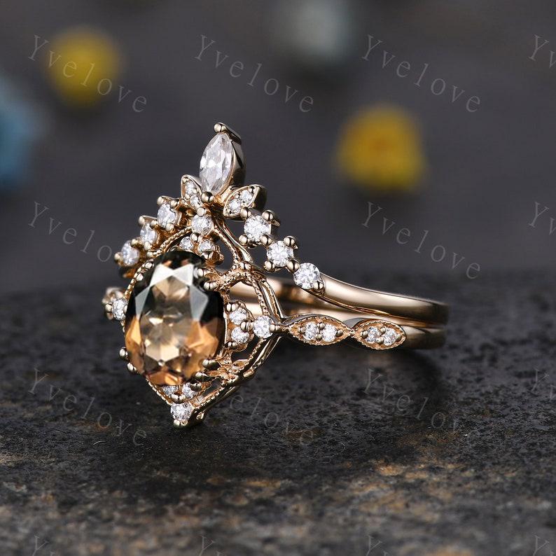 Vintage Smoky Quartz Engagement Ring,Oval Shape Brown Quartz Ring,14K Solid Gold Ring,Unique Women Moissanite Promise Ring For Her,Handmade