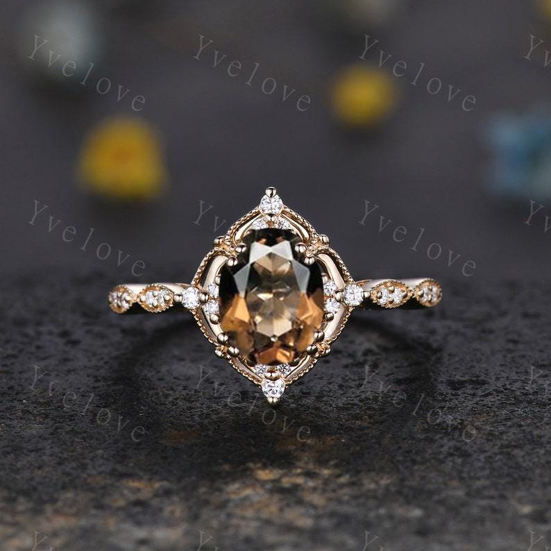 Vintage Smoky Quartz Engagement Ring Set,Oval Brown Quartz Ring,14K Solid Gold Ring,Unique Women Moissanite Promise Ring For Her,Handmade