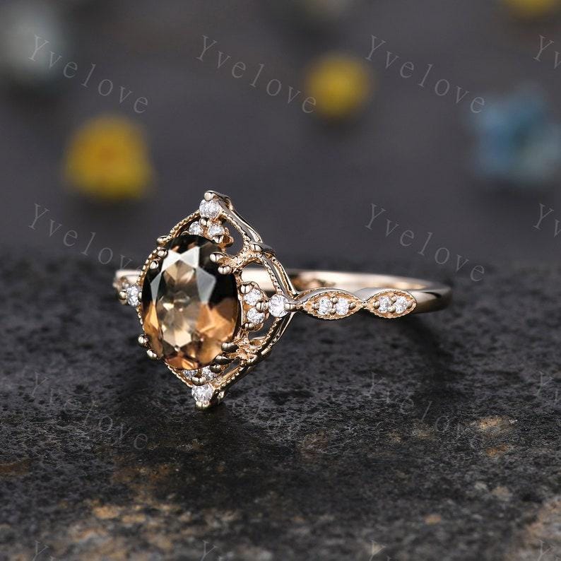 Vintage Smoky Quartz Engagement Ring Set,Oval Brown Quartz Ring,14K Solid Gold Ring,Unique Women Moissanite Promise Ring For Her,Handmade