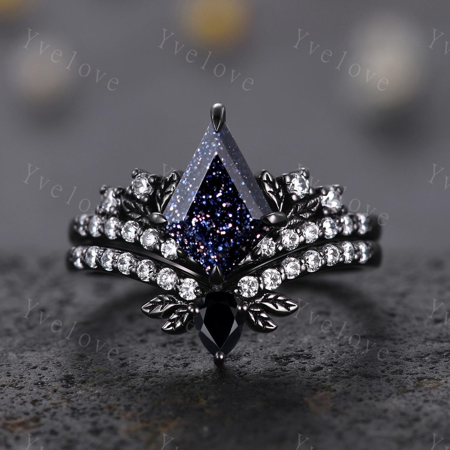 Retro Kite Blue Sandstone Engagement Ring Set,Gothic Leaf Nature Inspired Black Gold Ring,Black Gem Diamond Bridal Ring Women Galaxy Ring