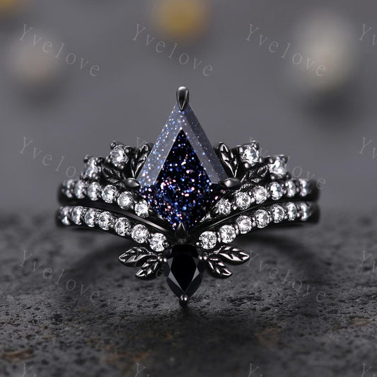 Retro Kite Blue Sandstone Engagement Ring Set,Gothic Leaf Nature Inspired Black Gold Ring,Black Gem Diamond Bridal Ring Women Galaxy Ring