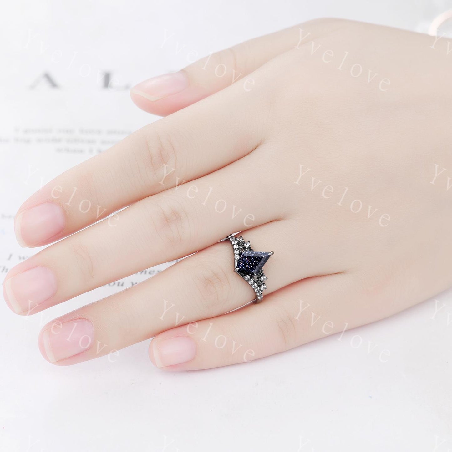 Retro Kite Blue Sandstone Engagement Ring Set,Gothic Leaf Nature Inspired Black Gold Ring,Black Gem Diamond Bridal Ring Women Galaxy Ring