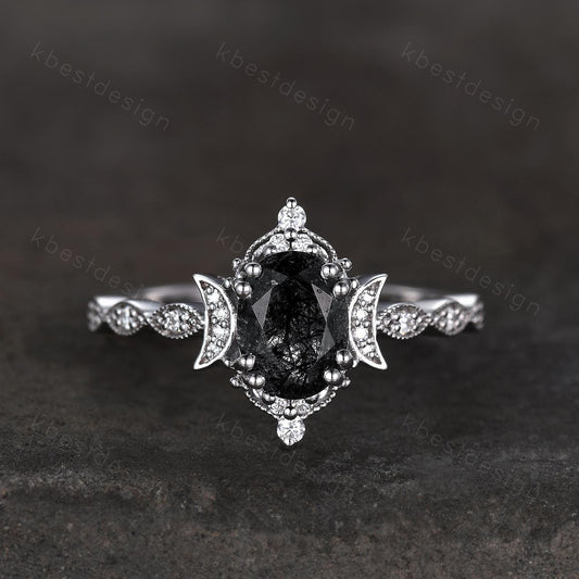 Vintage black rutilated quartz engagement ring oval cut ring unique moon style ring for women art deco moissanite bridal promise ring