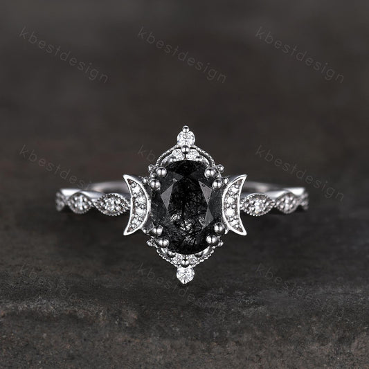 Vintage black rutilated quartz engagement ring oval cut ring unique moon style ring for women art deco moissanite bridal promise ring