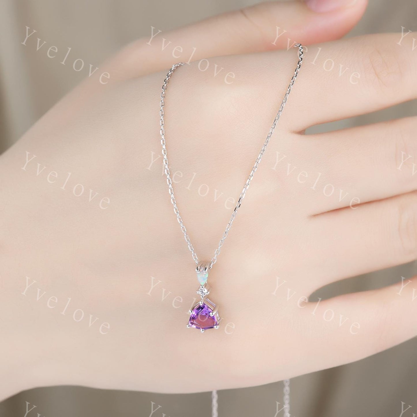 Art deco trillion cut amethyst pendant white gold unique purple amethyst white opal engagement necklace women retro wedding necklace gift