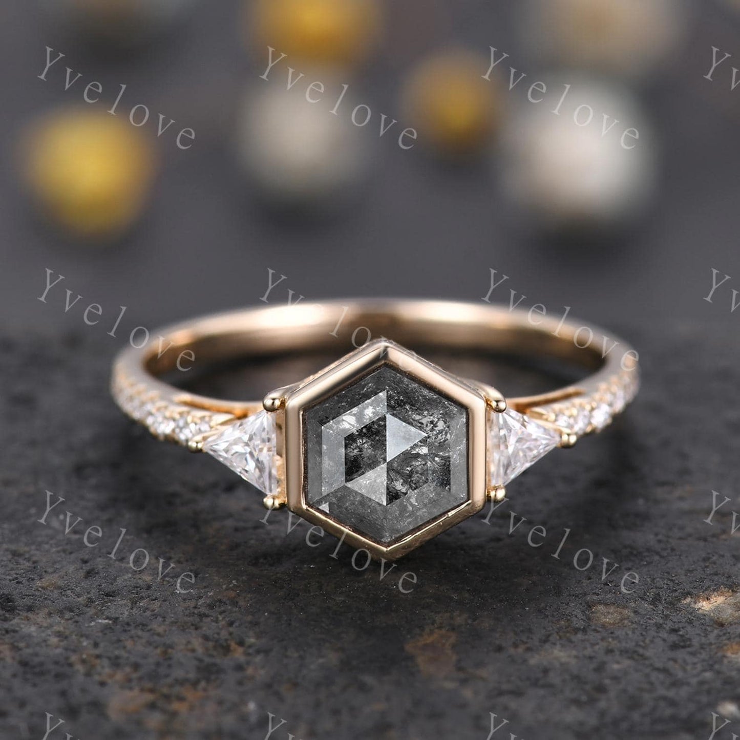 Vintage Hexagon Salt Pepper Diamond Engagement Ring Set,Triangle Moissanite,Solid Gold Bridal Ring,Art Deco Plain Matching Band Promise Gift
