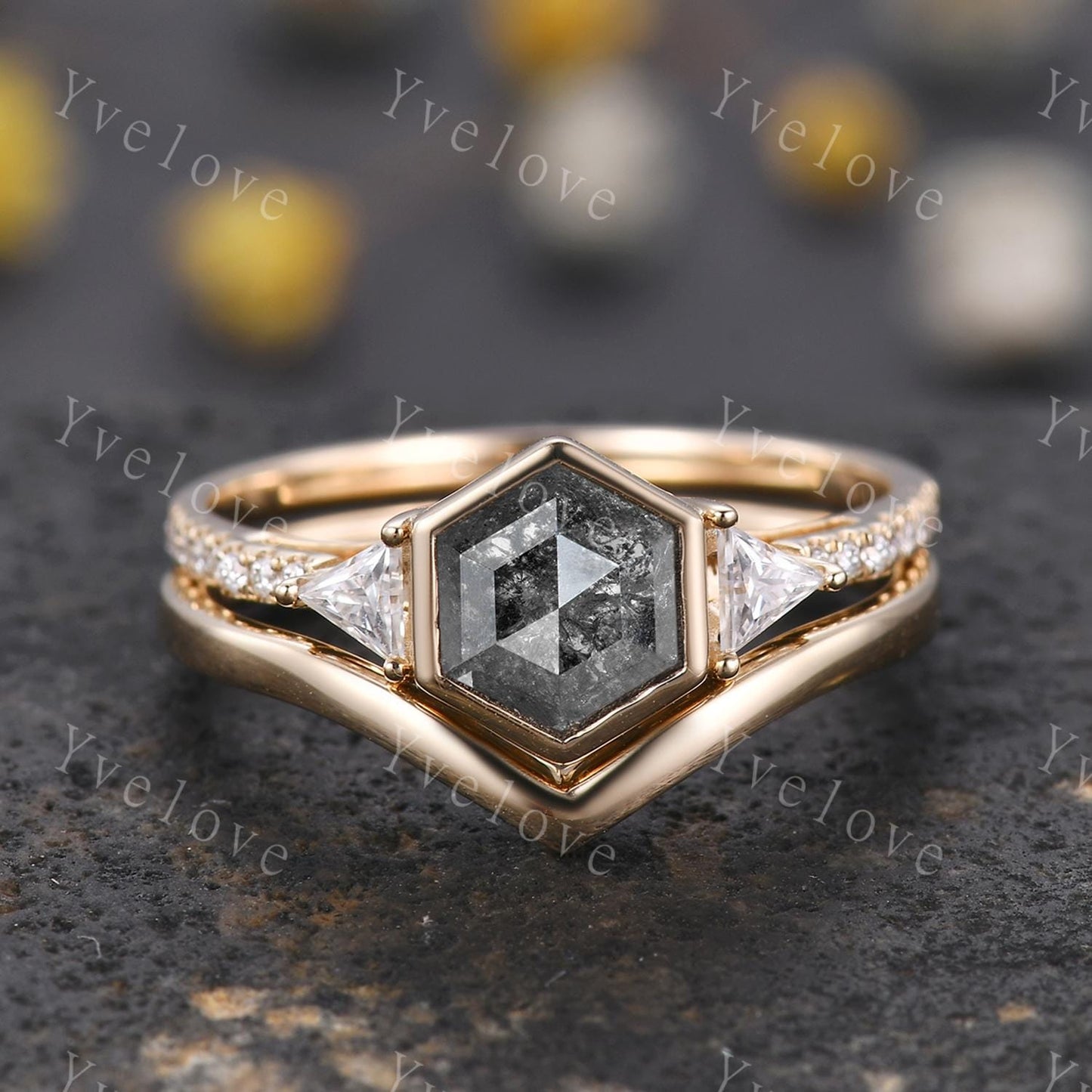Vintage Hexagon Cut Salt Pepper Diamond Engagement Ring,Triangle Moissanite Band,14K Gold Bridal Ring,Art Deco Women Ring Promise Gift