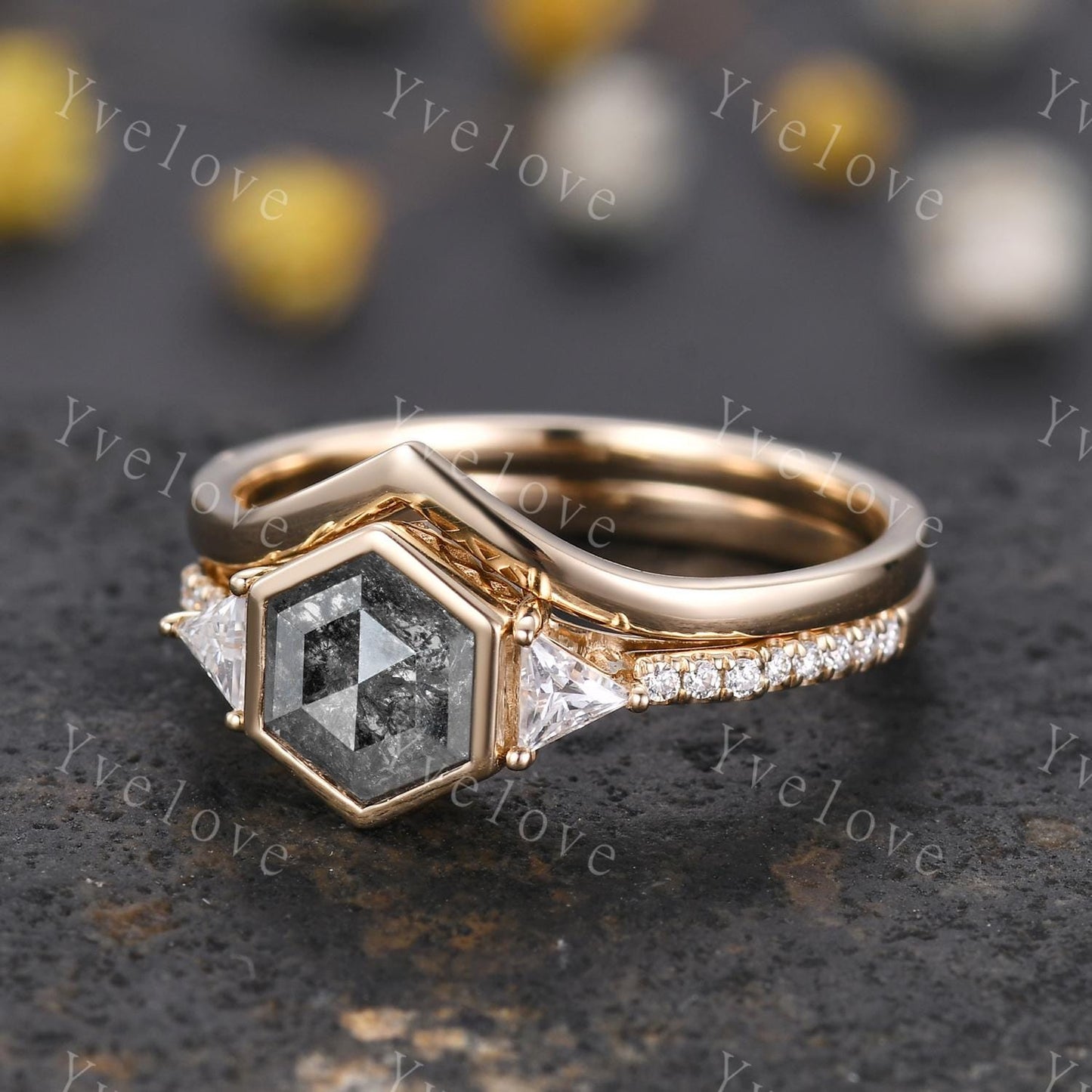 Vintage Hexagon Salt Pepper Diamond Engagement Ring Set,Triangle Moissanite,Solid Gold Bridal Ring,Art Deco Plain Matching Band Promise Gift