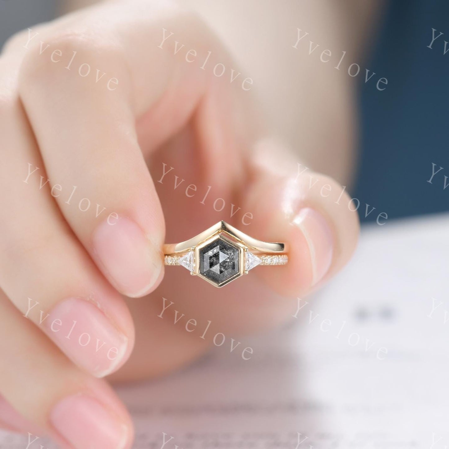 Vintage Hexagon Salt Pepper Diamond Engagement Ring Set,Triangle Moissanite,Solid Gold Bridal Ring,Art Deco Plain Matching Band Promise Gift