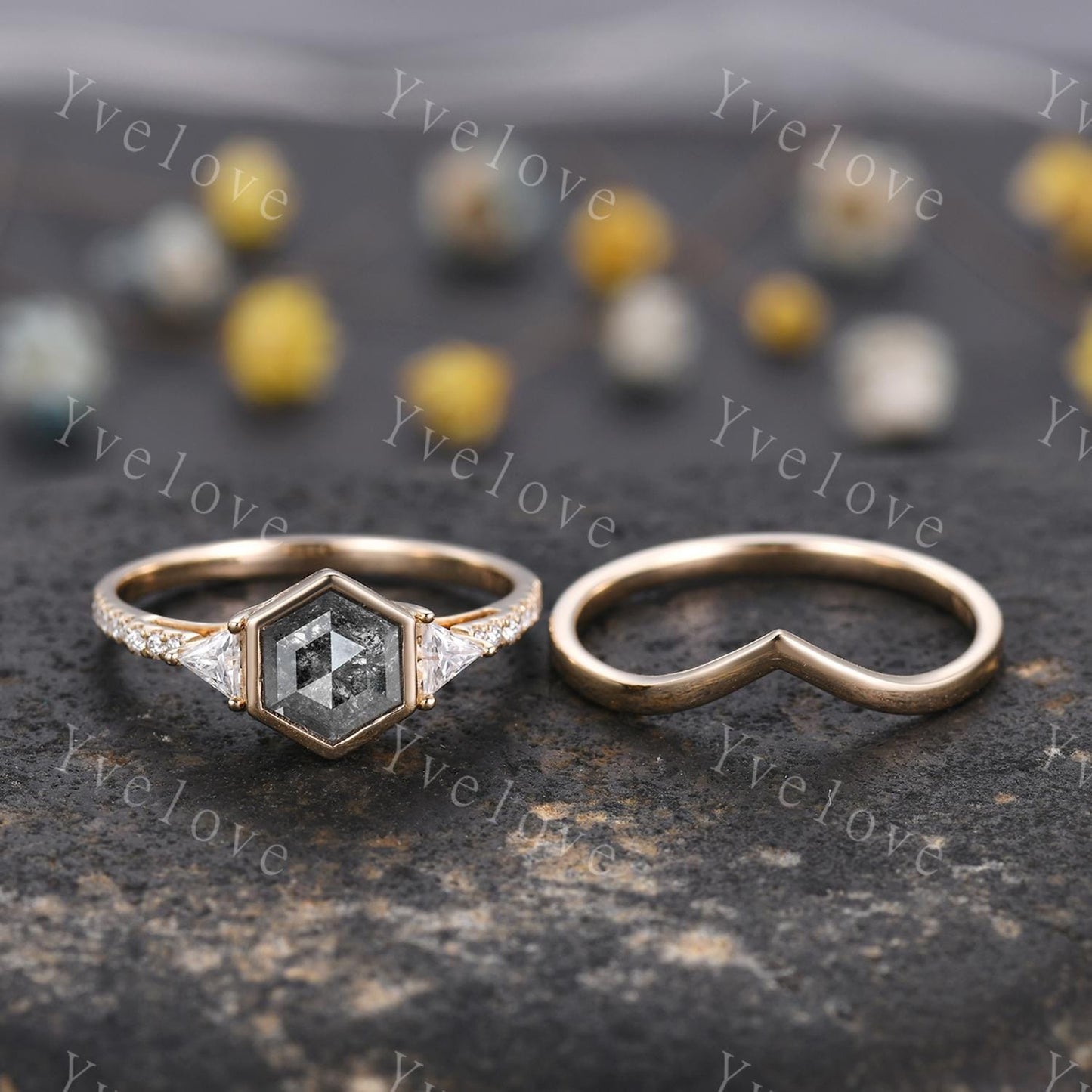 Vintage Hexagon Salt Pepper Diamond Engagement Ring Set,Triangle Moissanite,Solid Gold Bridal Ring,Art Deco Plain Matching Band Promise Gift