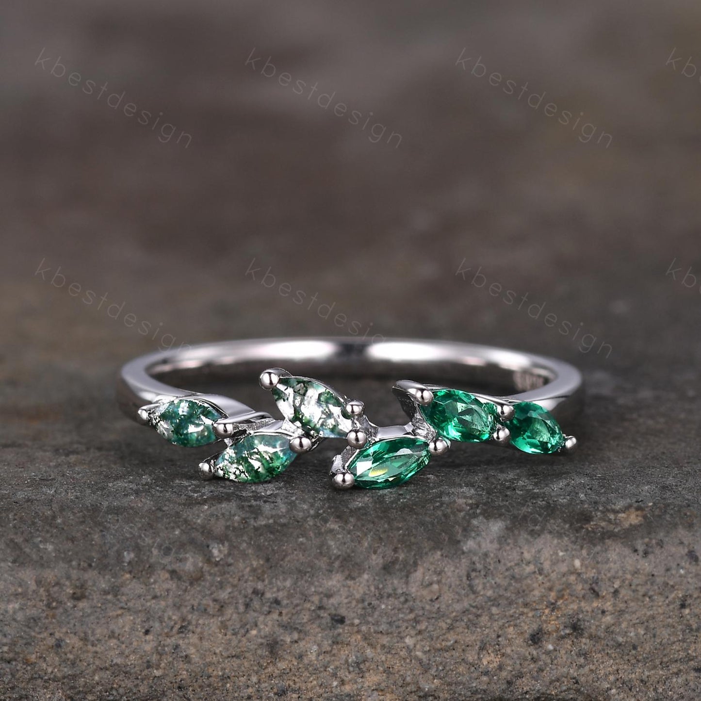 Moss agate emerald wedding band Unique marquise cut moss agate wedding band Vintage emerald band gemstone ring Anniversary gift for her