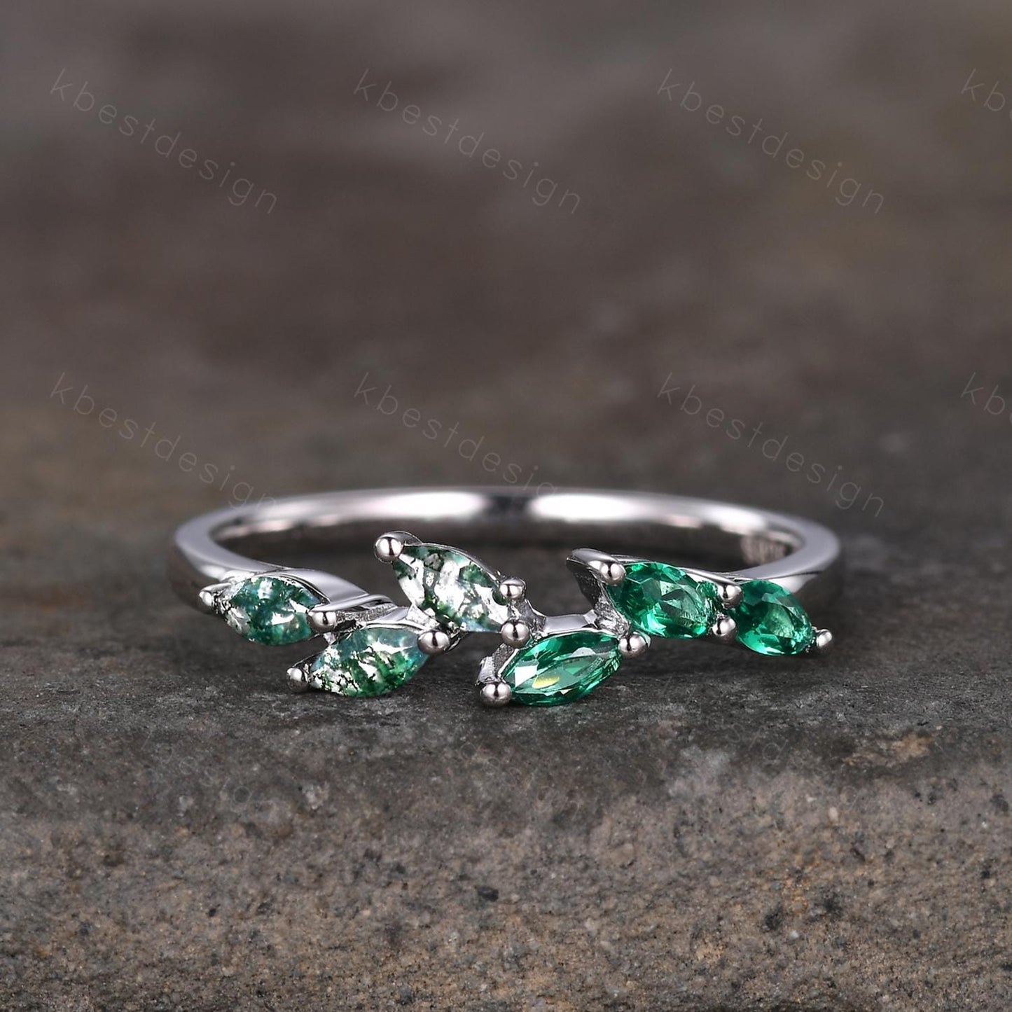 Moss agate emerald wedding band Unique marquise cut moss agate wedding band Vintage emerald band gemstone ring Anniversary gift for her