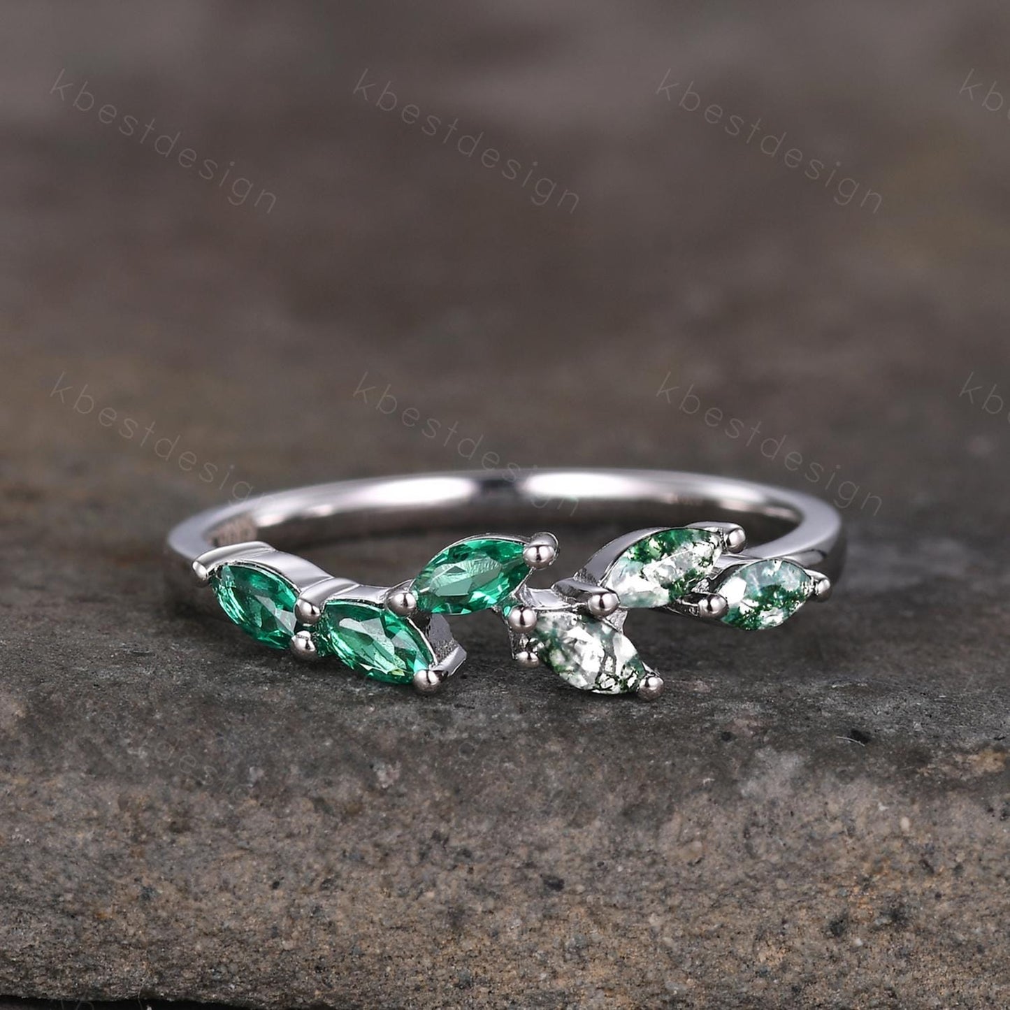 Moss agate emerald wedding band Unique marquise cut moss agate wedding band Vintage emerald band gemstone ring Anniversary gift for her