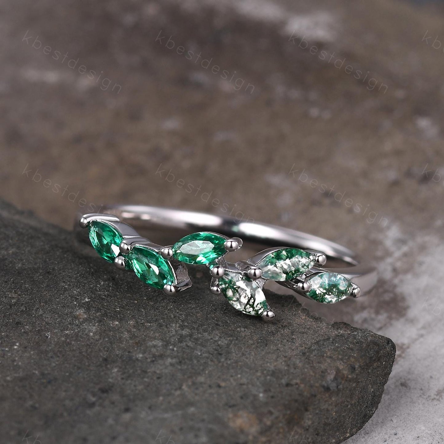 Moss agate emerald wedding band Unique marquise cut moss agate wedding band Vintage emerald band gemstone ring Anniversary gift for her