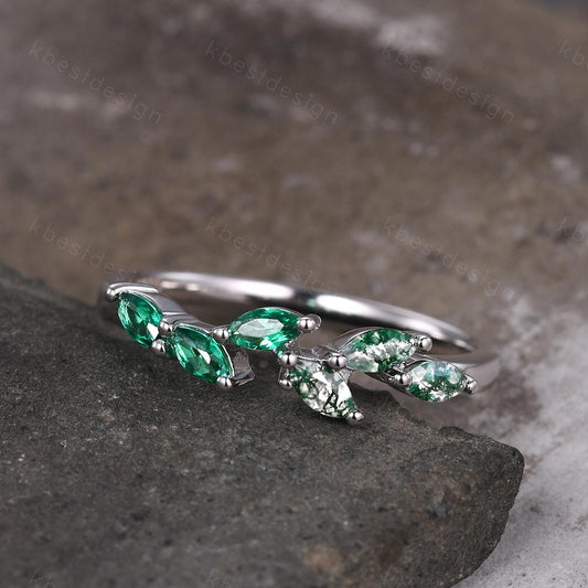 Moss agate emerald wedding band Unique marquise cut moss agate wedding band Vintage emerald band gemstone ring Anniversary gift for her
