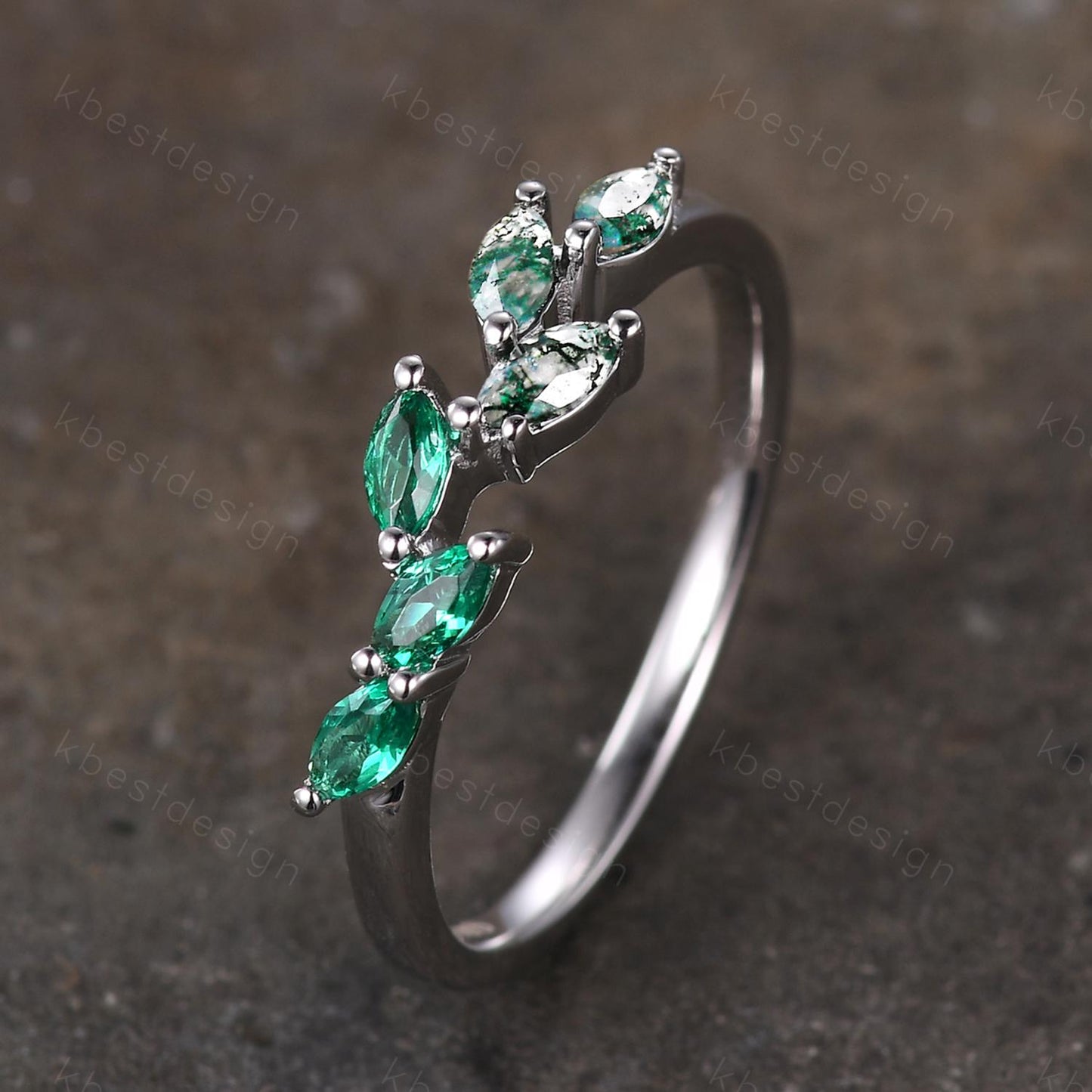 Moss agate emerald wedding band Unique marquise cut moss agate wedding band Vintage emerald band gemstone ring Anniversary gift for her