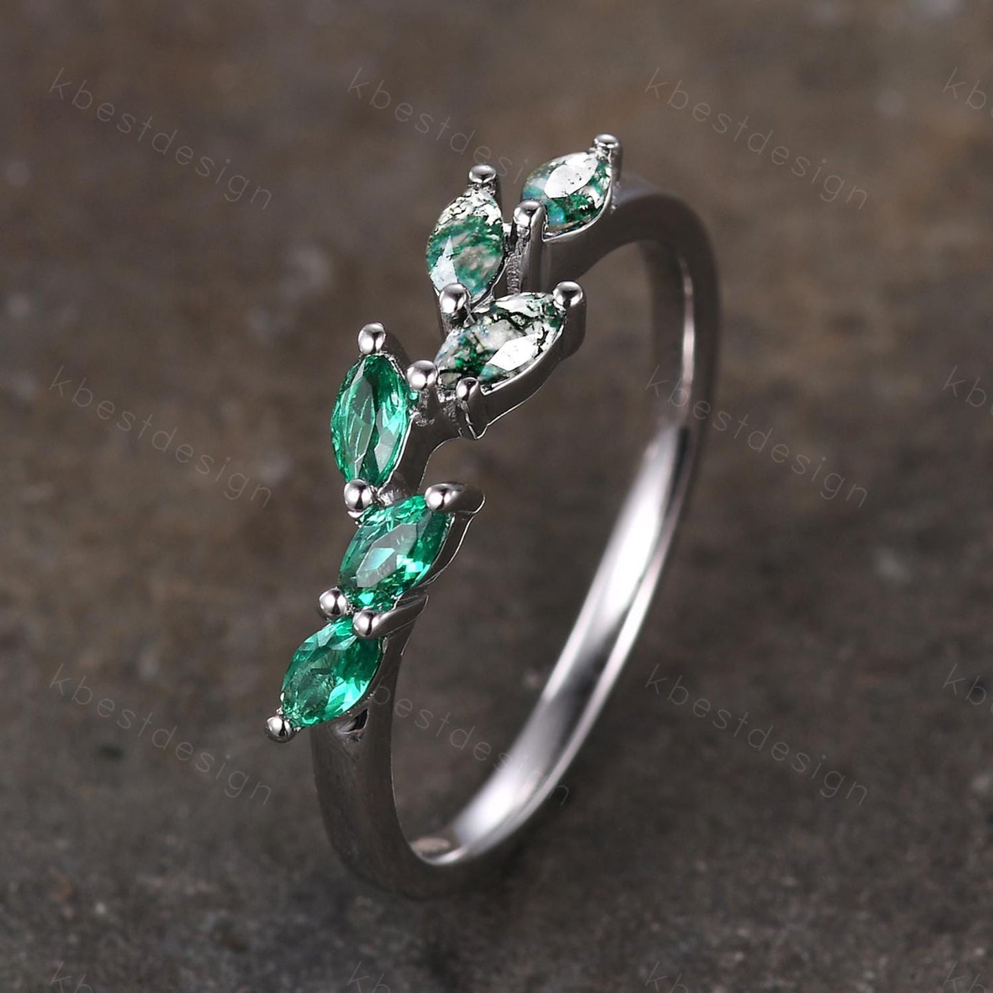 Moss agate emerald wedding band Unique marquise cut moss agate wedding band Vintage emerald band gemstone ring Anniversary gift for her