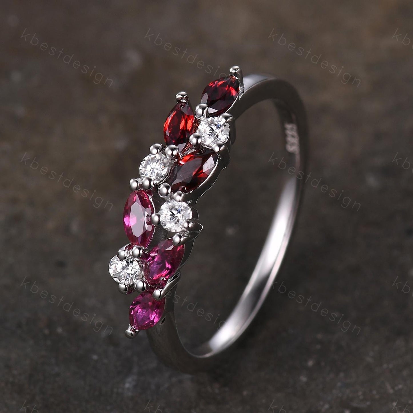 Ruby Garnet cluster wedding band Unique marquise cut ruby wedding band Vintage Moissanite ring family gemstone ring Anniversary gift for her