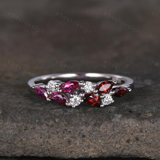 Ruby Garnet cluster wedding band Unique marquise cut ruby wedding band Vintage Moissanite ring family gemstone ring Anniversary gift for her