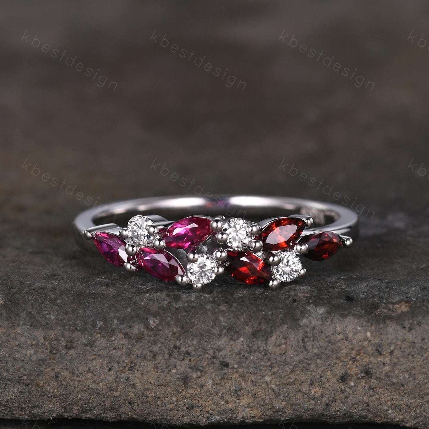 Ruby Garnet cluster wedding band Unique marquise cut ruby wedding band Vintage Moissanite ring family gemstone ring Anniversary gift for her
