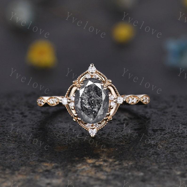 Vintage Salt and Pepper Diamond Engagement Ring,Oval Shaped Diamond Ring Set,14K Gold Ring,Unique Women Promise Ring For Her,Handmade Gift