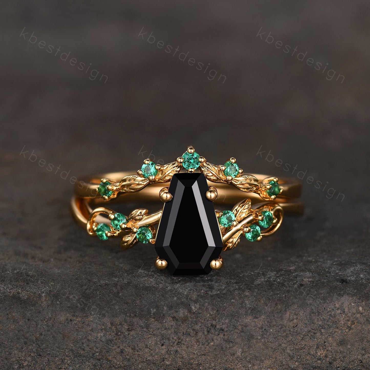 Gothic Yellow Gold Black Onyx Engagement Ring Art Deco Branch Design Leaf Emerald Wedding Ring Coffin cut Ring Unique Bridal Ring Set