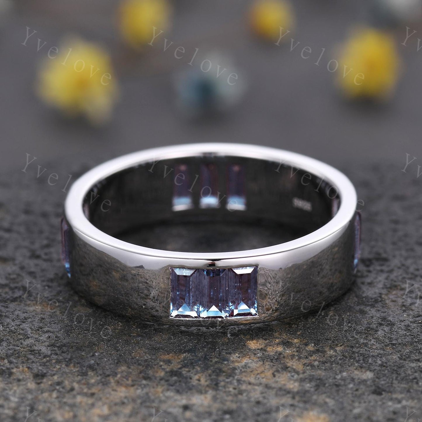 Mens Alexandrite Wedding Band Baguette Alexandrite Band White Gold Smooth Ring Multi Stones Stacking Matching Band Retro Vintage Ring Gift