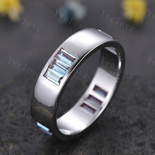 Mens Alexandrite Wedding Band Baguette Alexandrite Band White Gold Smooth Ring Multi Stones Stacking Matching Band Retro Vintage Ring Gift