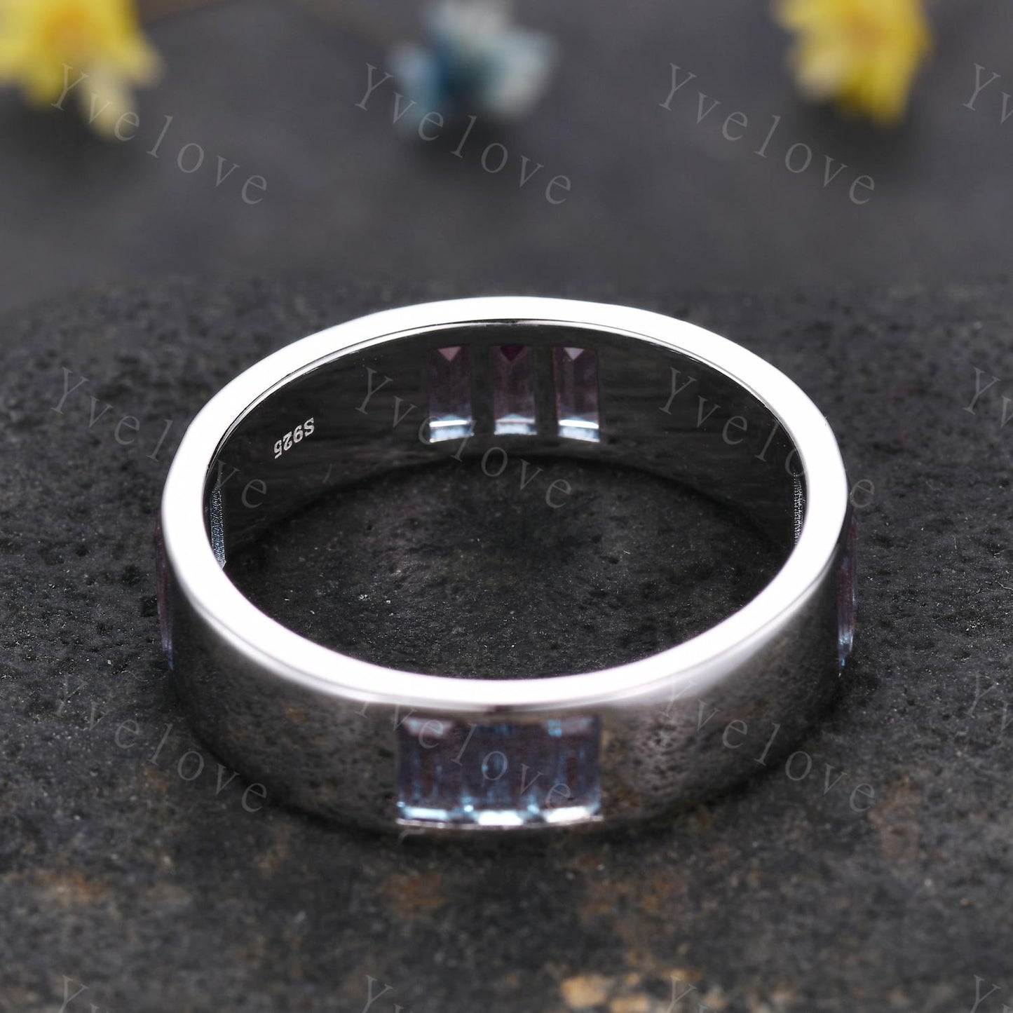 Mens Alexandrite Wedding Band Baguette Alexandrite Band White Gold Smooth Ring Multi Stones Stacking Matching Band Retro Vintage Ring Gift