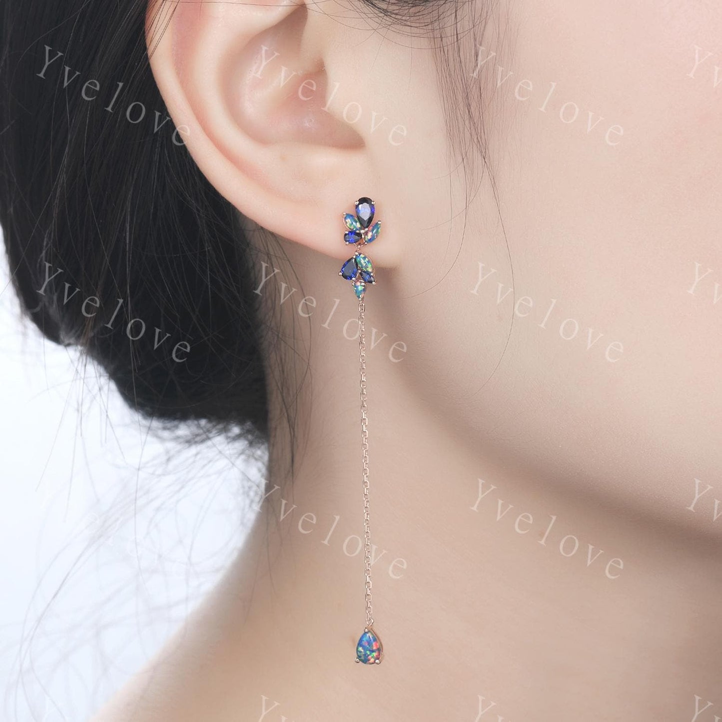 Unique Black Opal Sapphire Dangle Earrings,Art Deco Blue Gems Delicate Dainty Earrings Bridal Earrings Drop Wedding Earrings Jewelry Gift