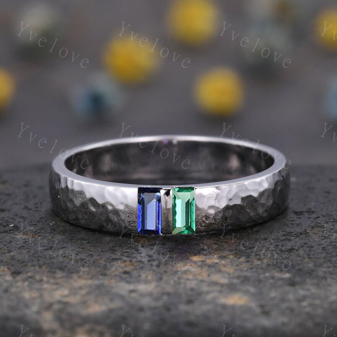 Custom order for Raj, 5mm width band, baguette cut natural sapphire and emerald, sterling silver, size 9 3/4.