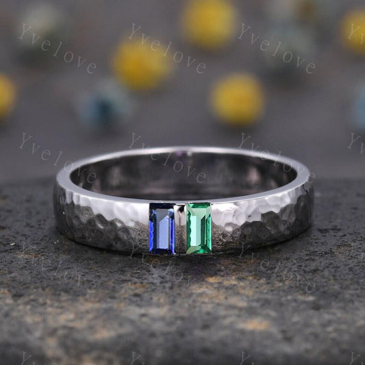 Custom order for Raj, 5mm width band, baguette cut natural sapphire and emerald, sterling silver, size 9 3/4.