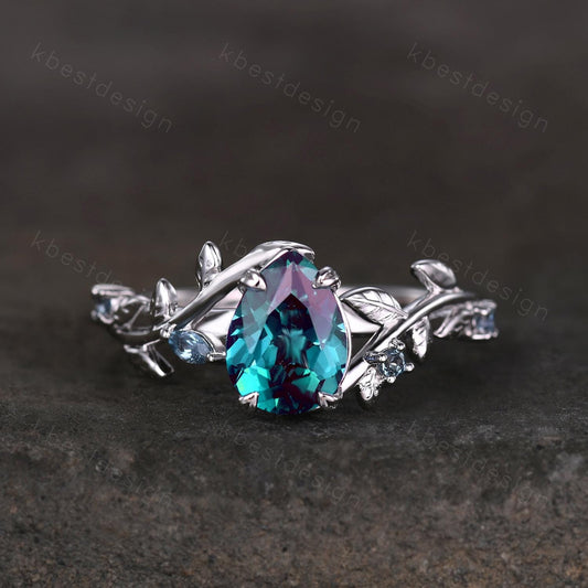 Vintage alexandrite engagement ring silver art deco leaf branch ring pear cut ring natural inspired ring unique bridal promise ring