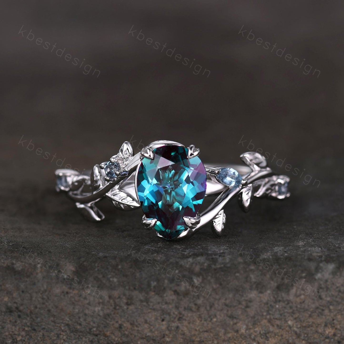 Vintage alexandrite engagement ring silver art deco leaf branch ring pear cut ring natural inspired ring unique bridal promise ring