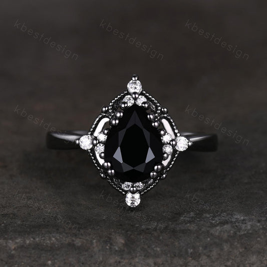 Pear Cut Natural Black Onyx Engagement Ring Black Gold Ring Unique Art Deco Moissanite Ring Black Gemstone ring Bridal Promise Ring