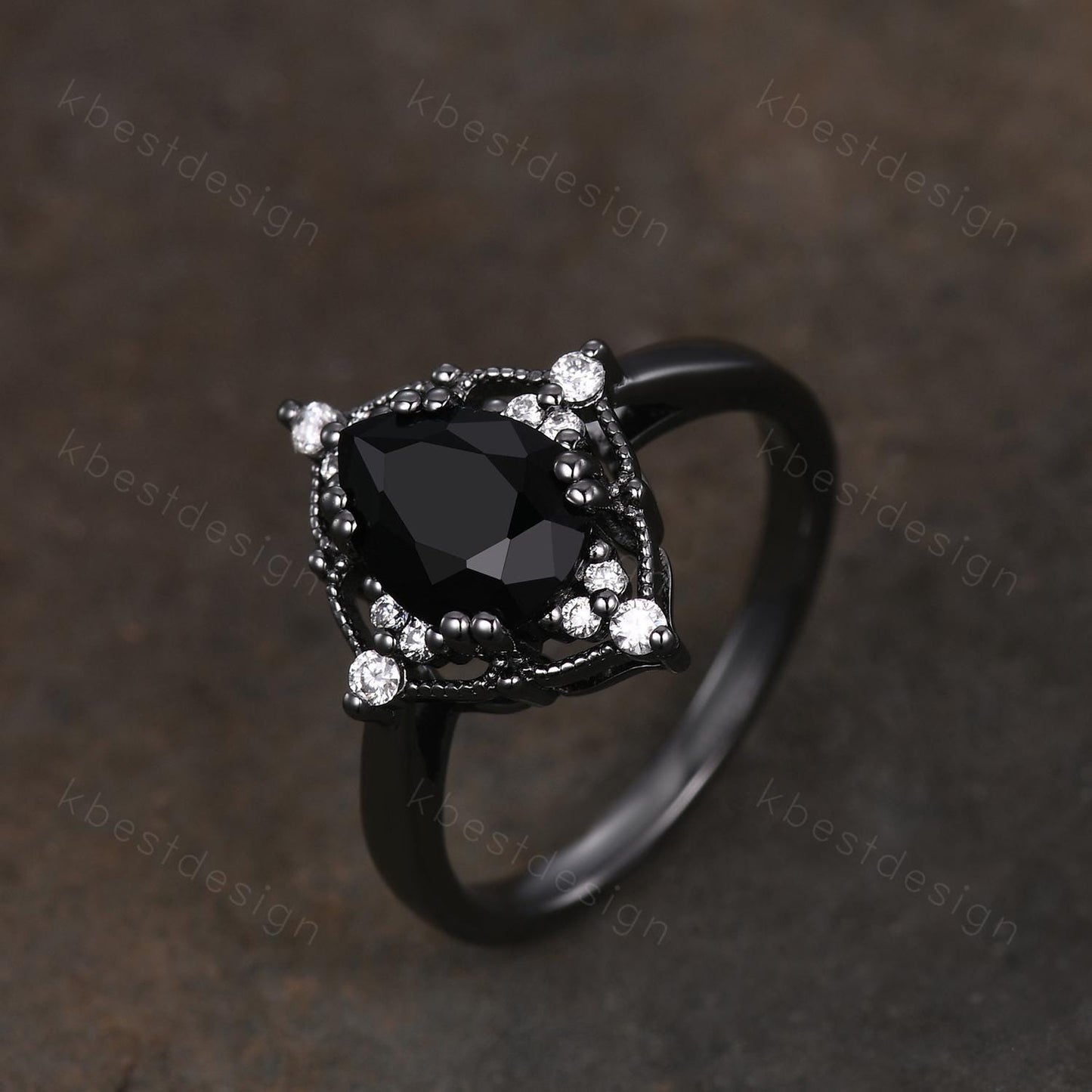 Pear Cut Natural Black Onyx Engagement Ring Black Gold Ring Unique Art Deco Moissanite Ring Black Gemstone ring Bridal Promise Ring