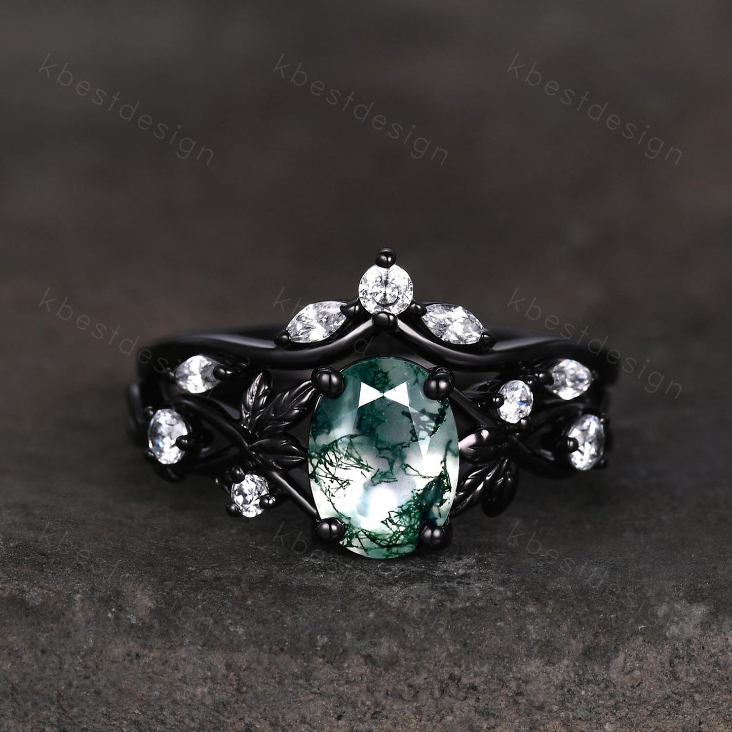 Vintage oval moss agate engagement ring black gold art deco cluster moissanite wedding ring set nature inspired bridal promise ring for her