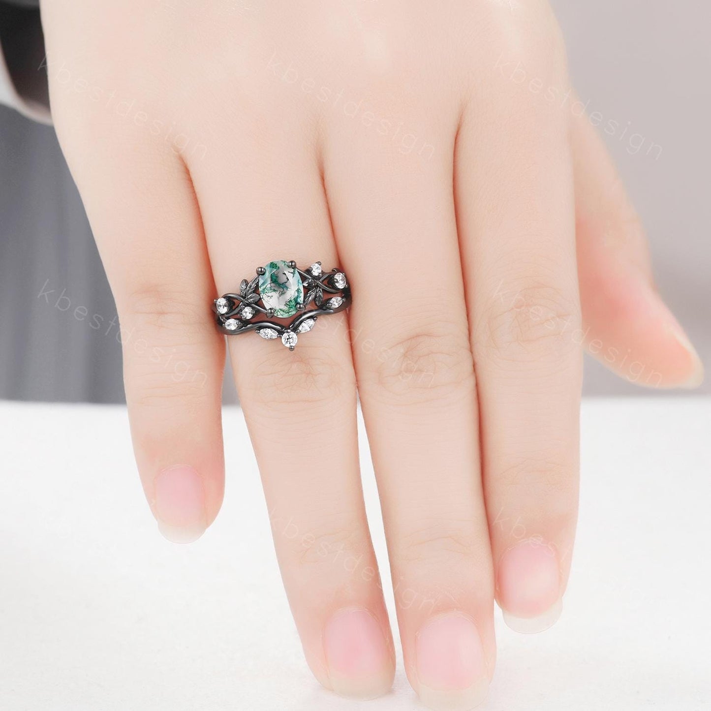 Vintage oval moss agate engagement ring black gold art deco cluster moissanite wedding ring set nature inspired bridal promise ring for her
