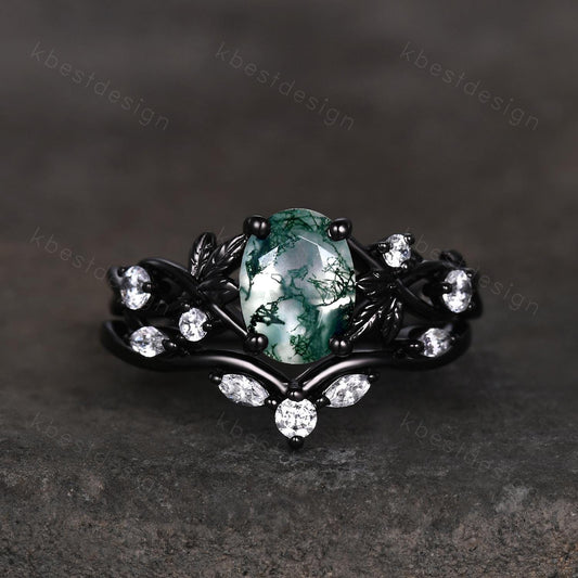 Vintage oval moss agate engagement ring black gold art deco cluster moissanite wedding ring set nature inspired bridal promise ring for her