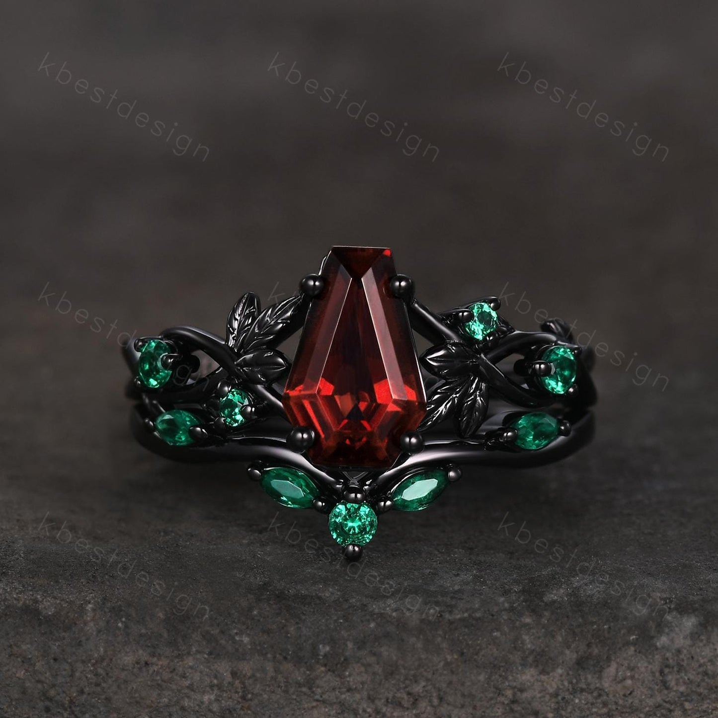 Gothic Black Gold Garnet Engagement Ring Art Deco Branch Design Leaf Emerald Wedding Ring Coffin cut Ring Unique Promise Ring Set