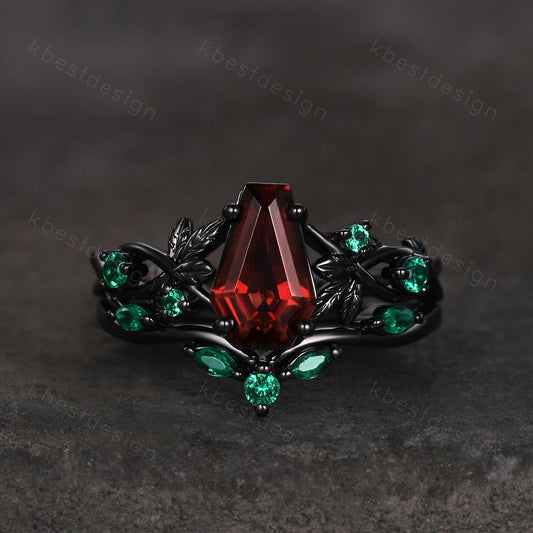Gothic Black Gold Garnet Engagement Ring Art Deco Branch Design Leaf Emerald Wedding Ring Coffin cut Ring Unique Promise Ring Set