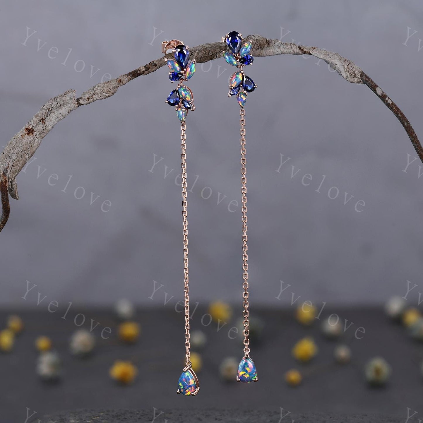 Unique Black Opal Sapphire Dangle Earrings,Art Deco Blue Gems Delicate Dainty Earrings Bridal Earrings Drop Wedding Earrings Jewelry Gift