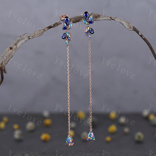 Unique Black Opal Sapphire Dangle Earrings,Art Deco Blue Gems Delicate Dainty Earrings Bridal Earrings Drop Wedding Earrings Jewelry Gift